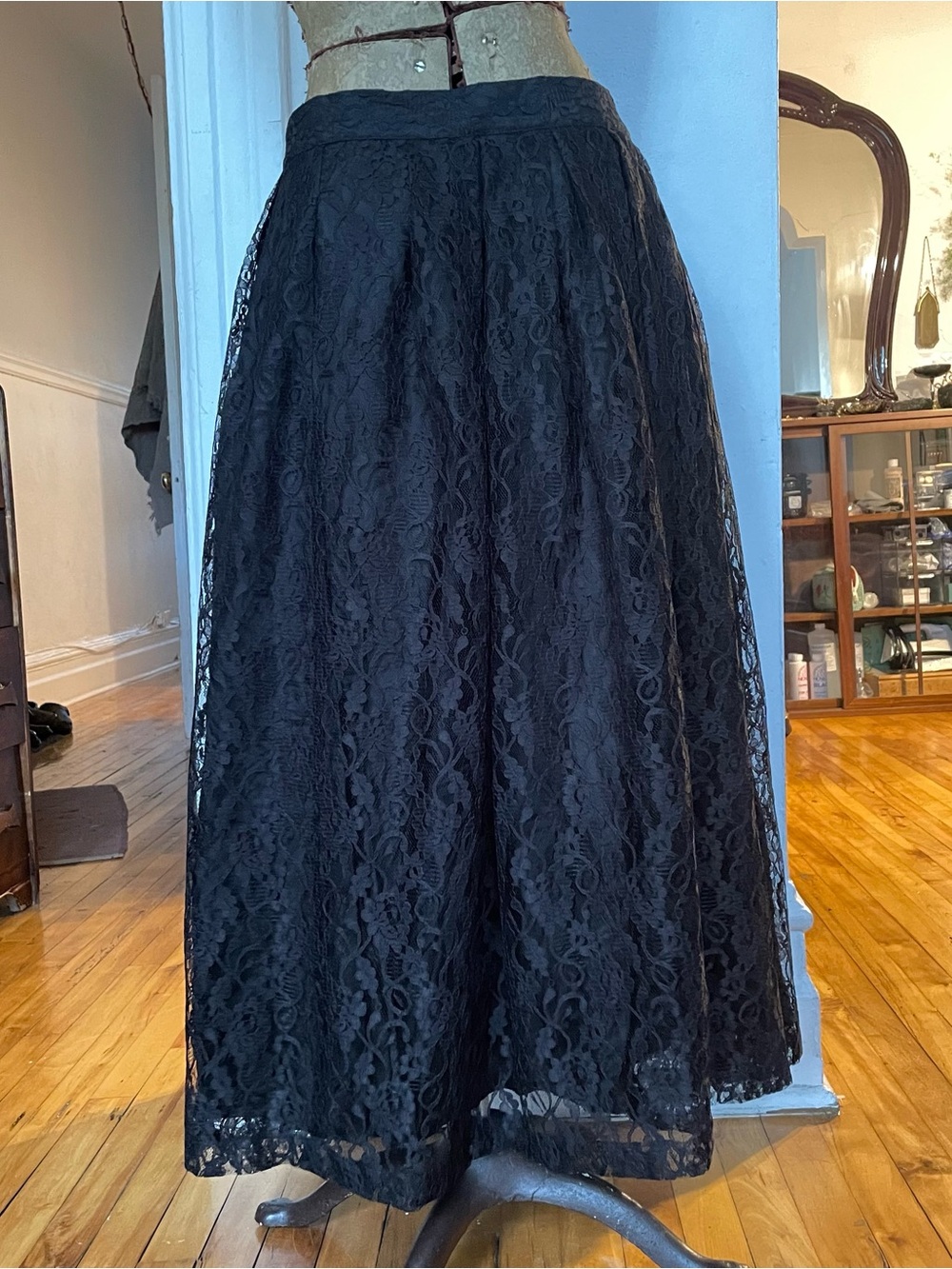 80s Vintage Black Lace A-Line Midi Skirt